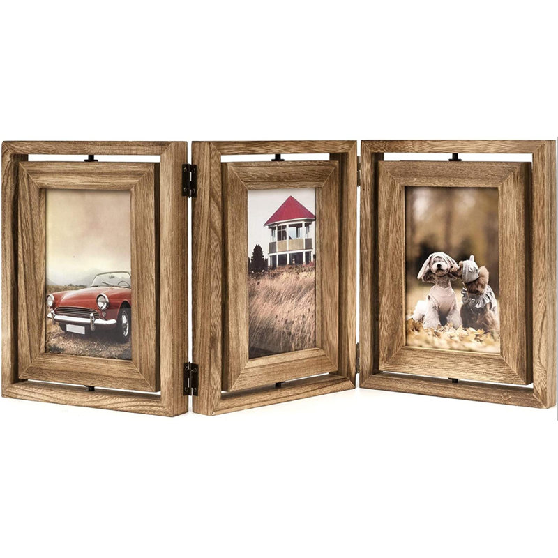 Loon Peak® 4X6 Picture Frame Rustic Wood Hinged Folding Triple Picture